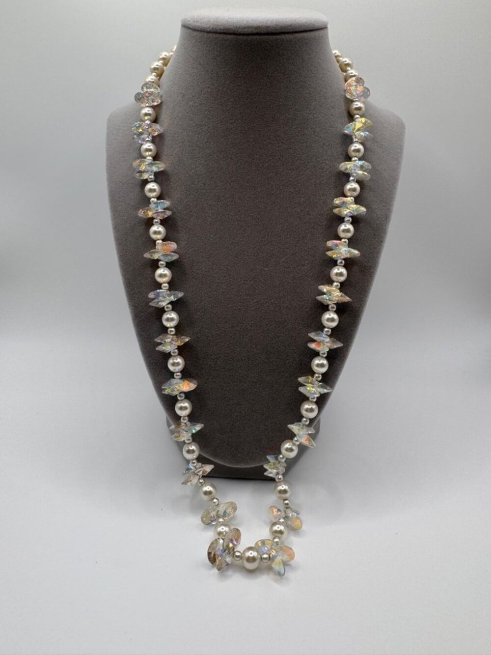 Vintage Faux Pearl AB Crystal Disc Necklace Rose Clasp Silver Tone Bridal 30”